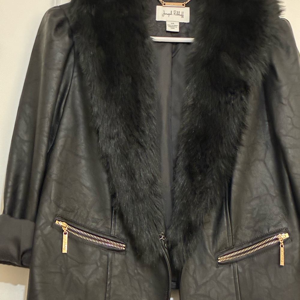 Joseph Ribkoff Black Leather-esq Jacket with Faux Fur Trim